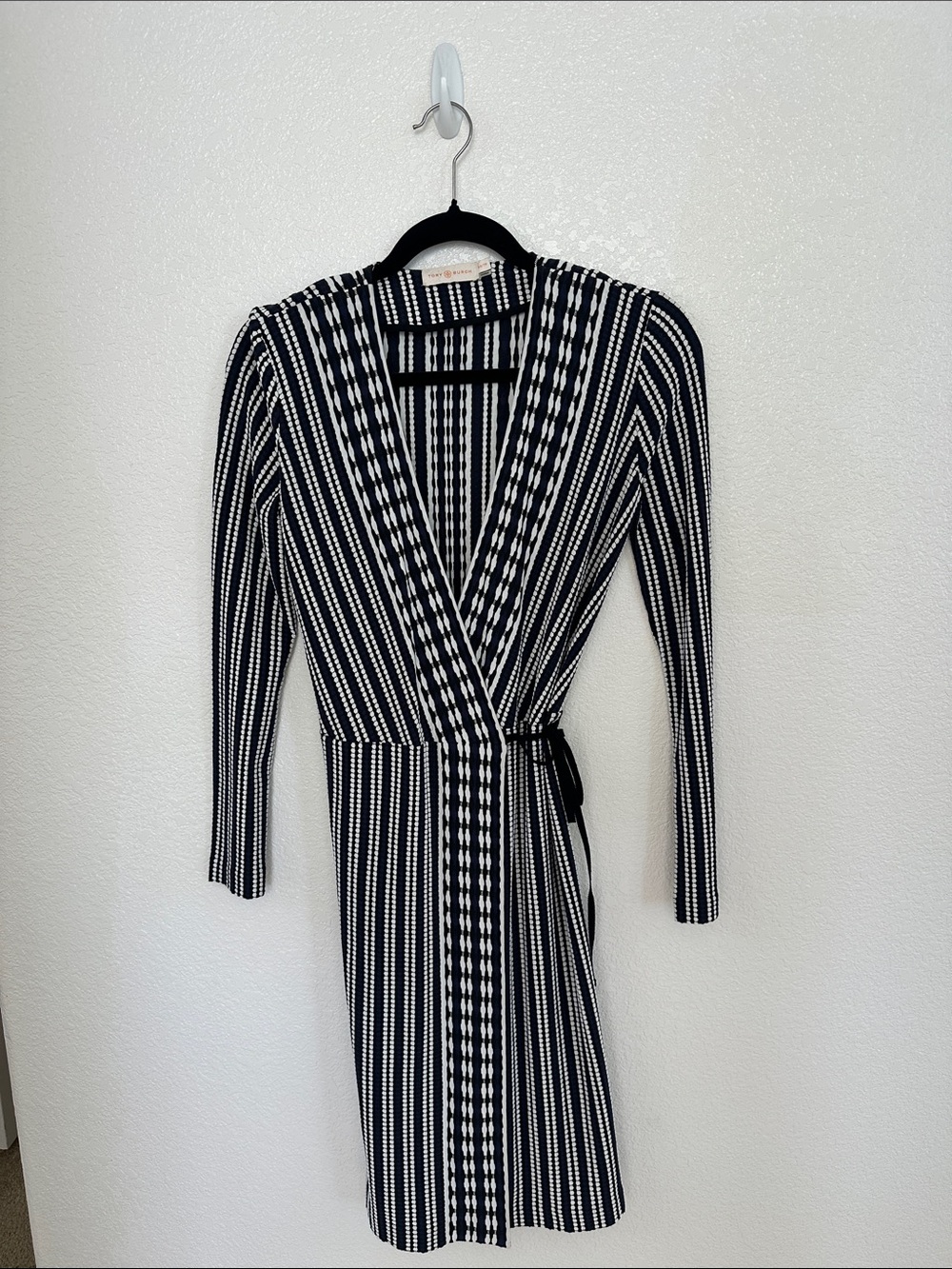 Tory Burch Black , Navy and White Striped Long Sleeve Wrap Dress sz XS